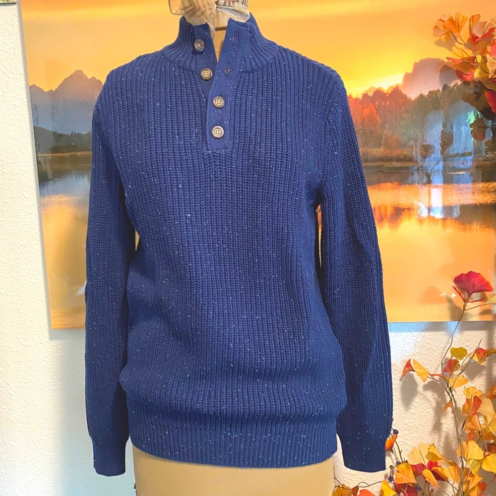 Hope & Henry Sweater Preppy Mock Neck Mens Small Navy Blue Speckled Knit NWT